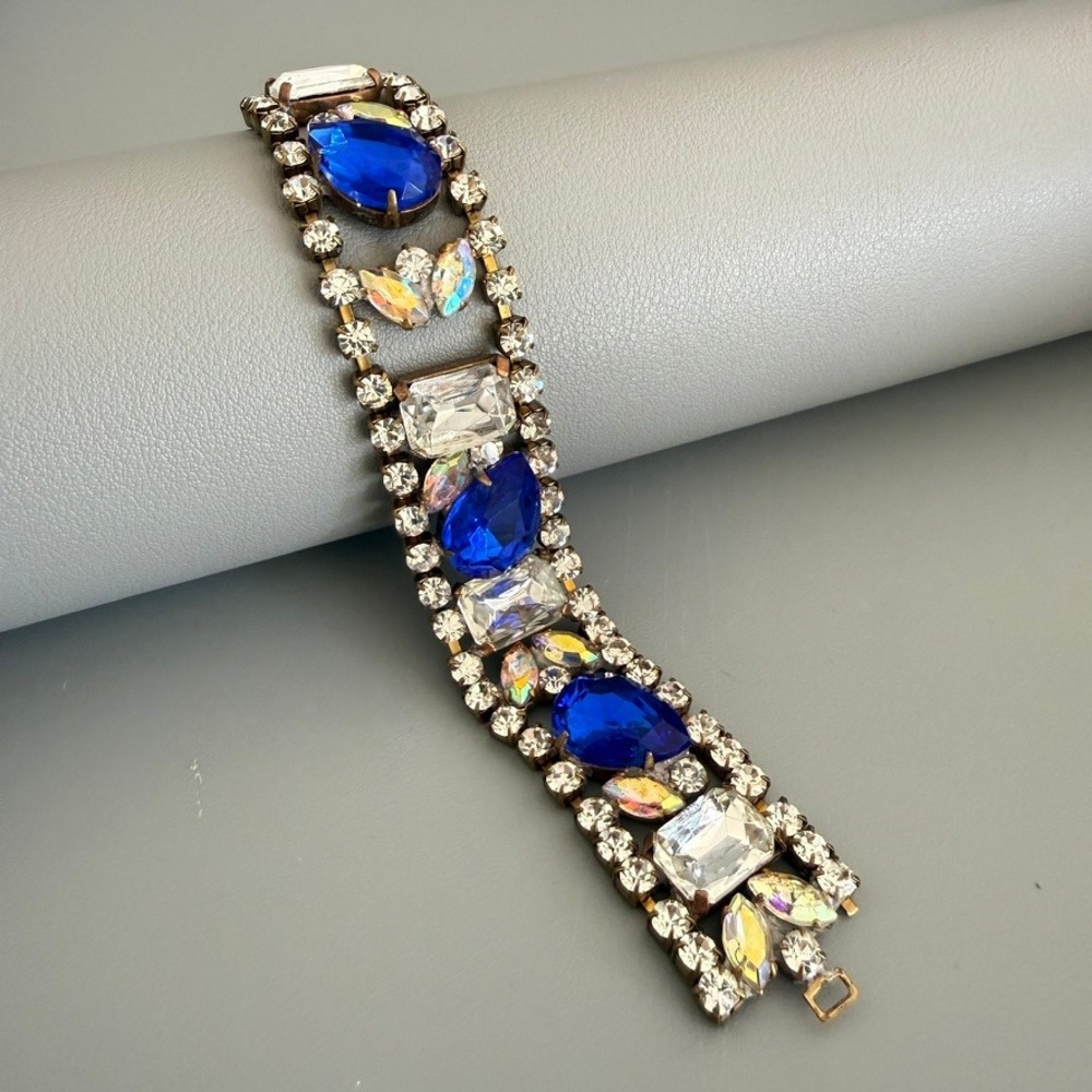 Vintage Husar D Blue‎ White AB Rhinestone Bracelet 6" Cocktail Glam FLAWED READ